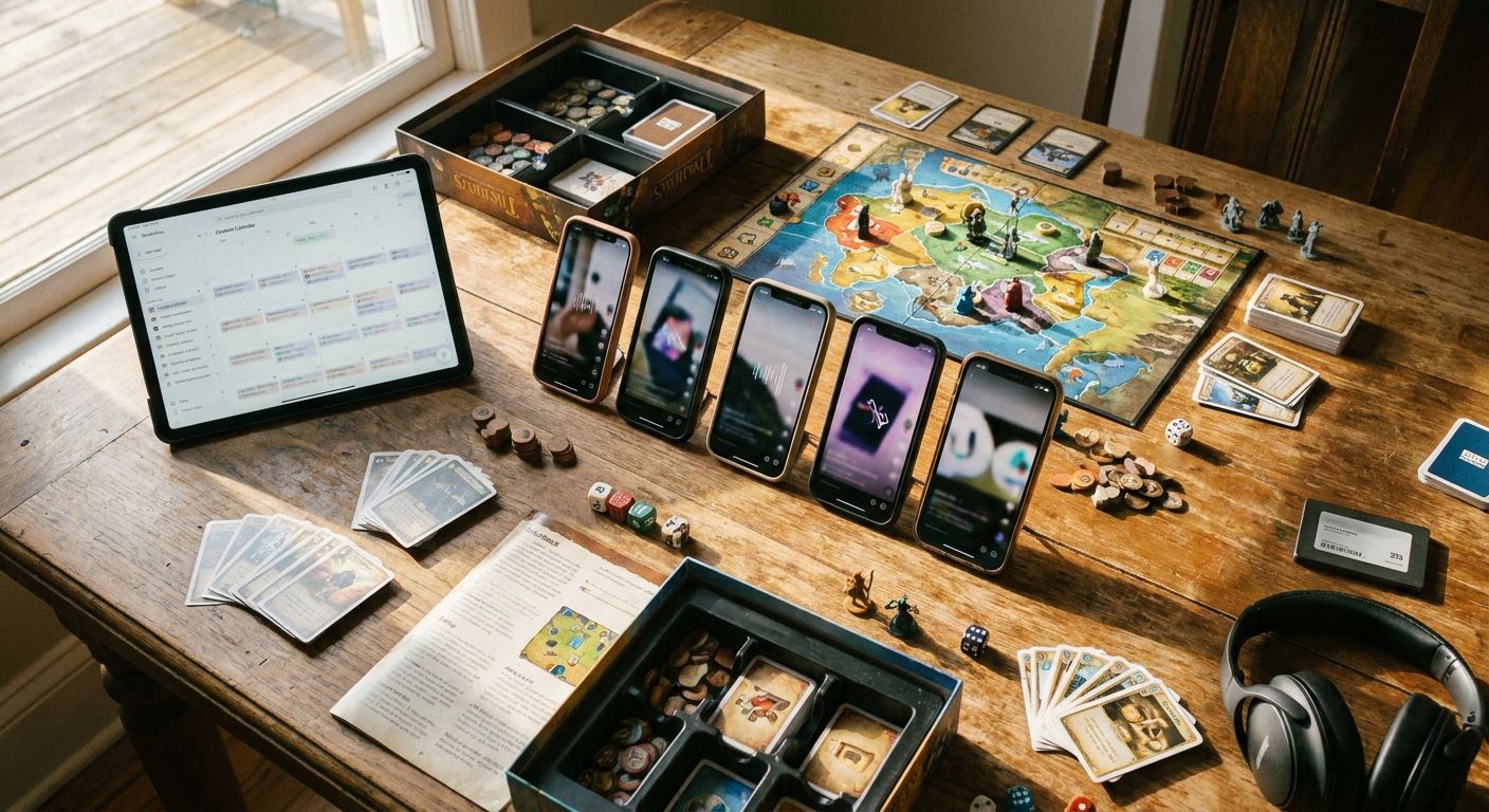 Close overhead view of a wooden desk with three board games at different stages 
