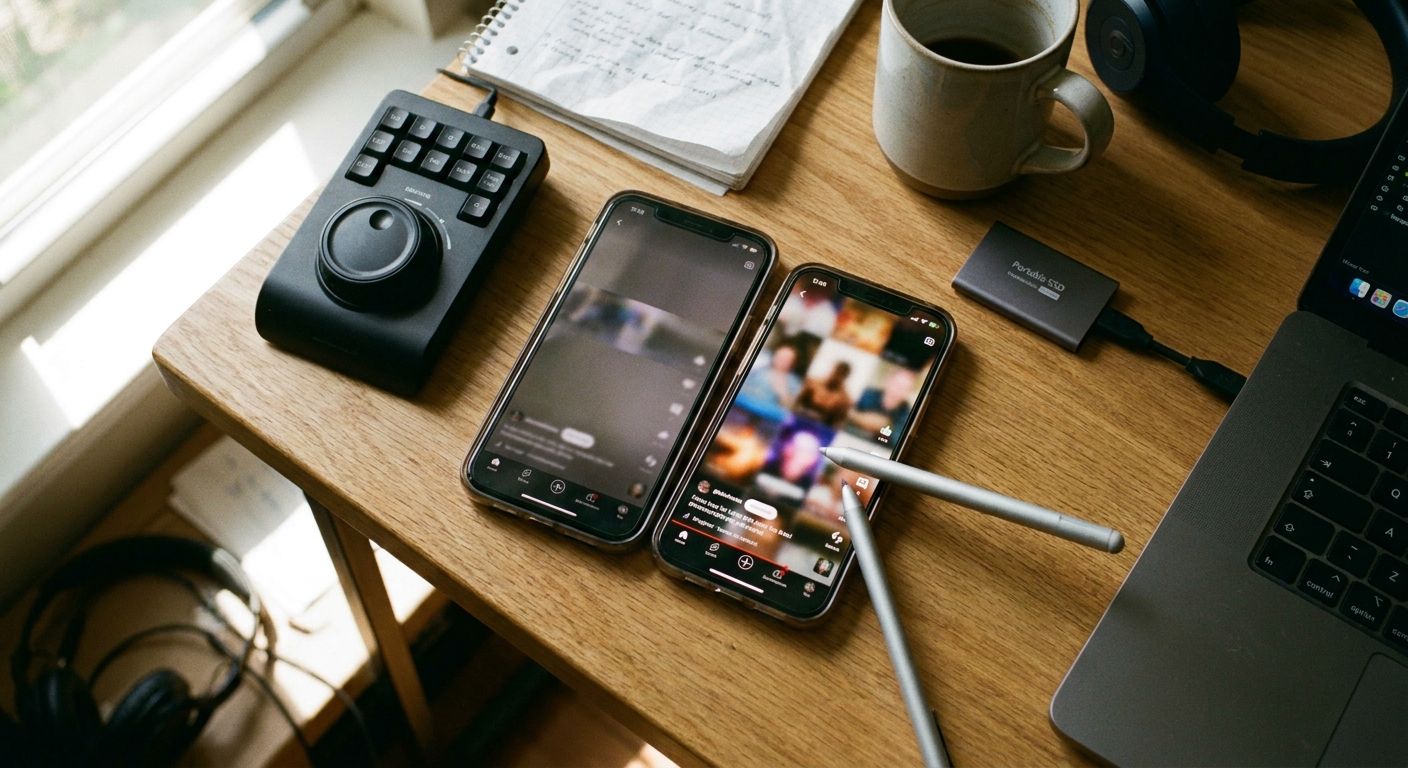 Close-up overhead shot of a creator's desk with two smartphones side by side dis