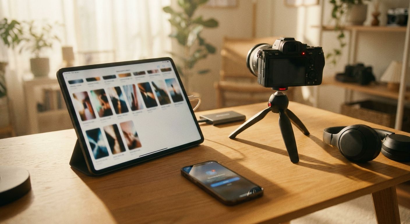 A tablet propped on a desk showing a blurred grid of short vertical clip cards a