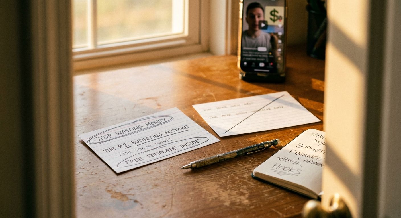 Close-up flat lay on a wooden desk surface showing two handwritten index cards s