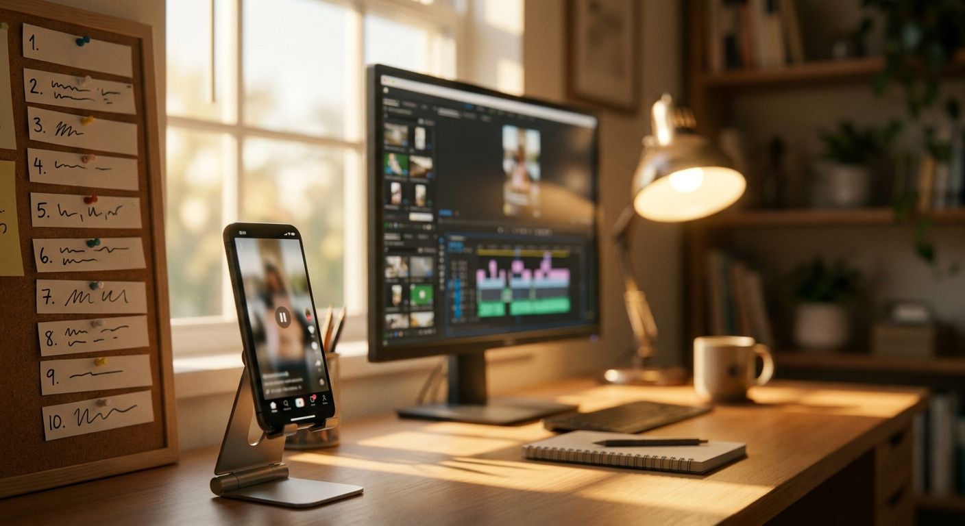 A content creator's workspace showing a monitor with a vertical video editing ti