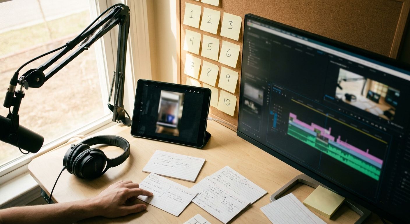 A creator at a standing desk with a large monitor displaying a blurred video edi