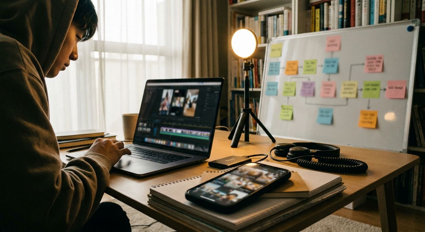 A college creator at a cluttered apartment desk with a laptop showing a blurred 