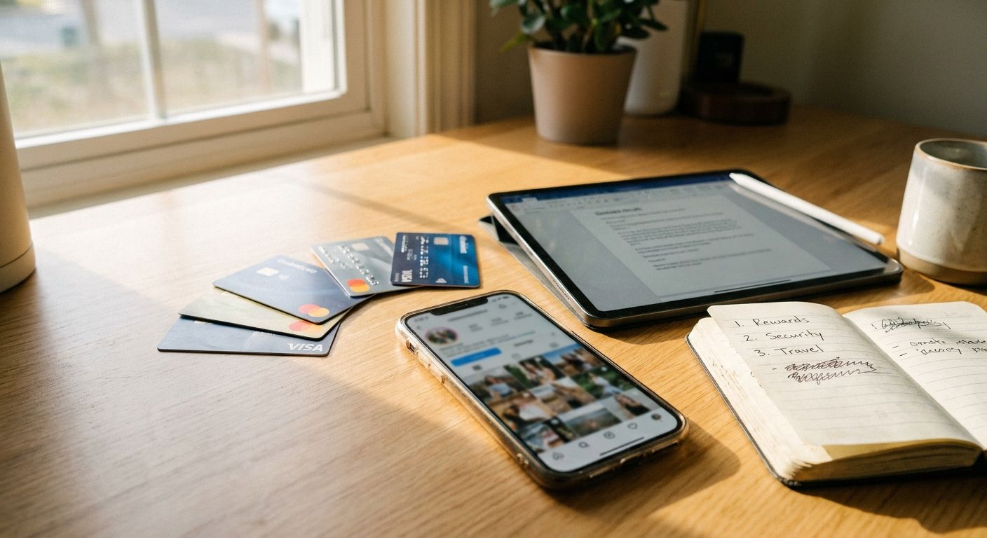 Close overhead shot of a wooden desk surface with five physical credit cards fan