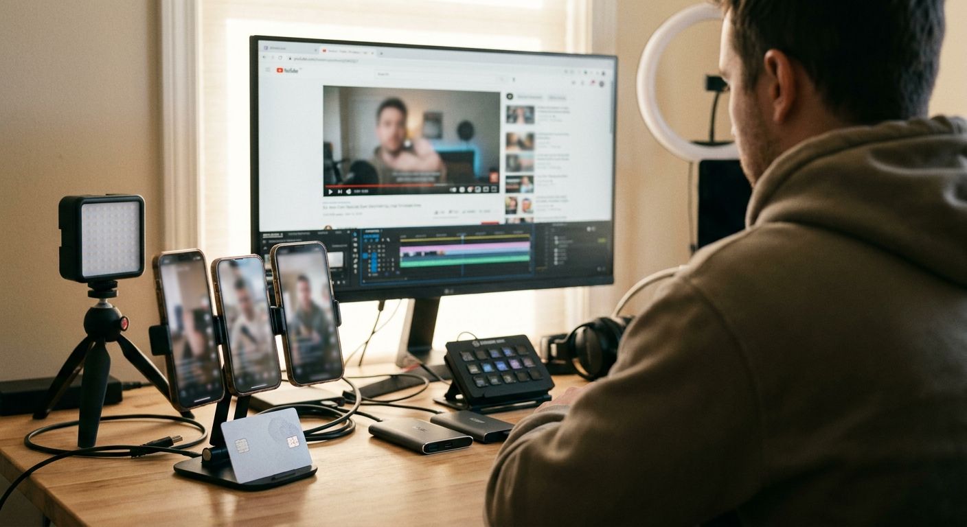 A creator in a casual home studio environment sitting in front of a single sourc