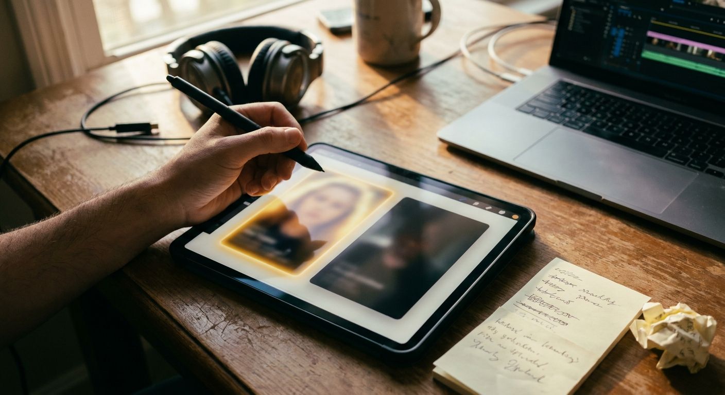Close-up overhead shot of a creator's hand holding a stylus over a tablet showin