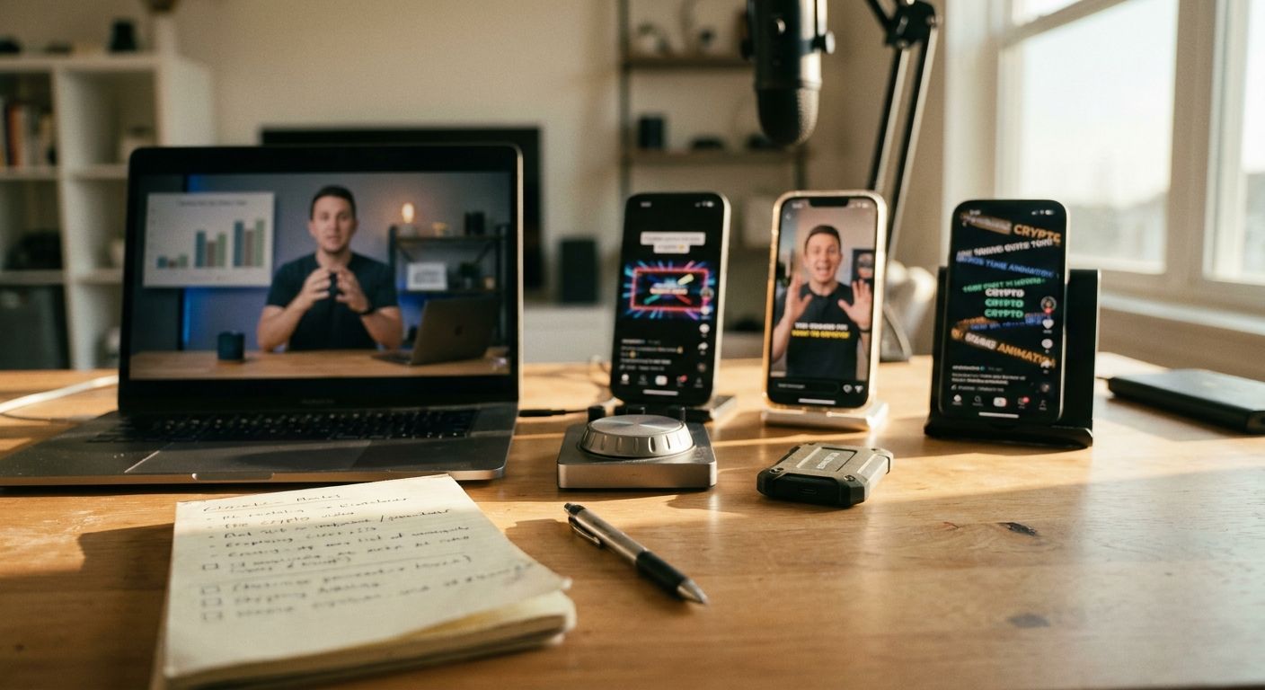 A wide shallow-depth-of-focus shot of a creator's workflow spread across a woode