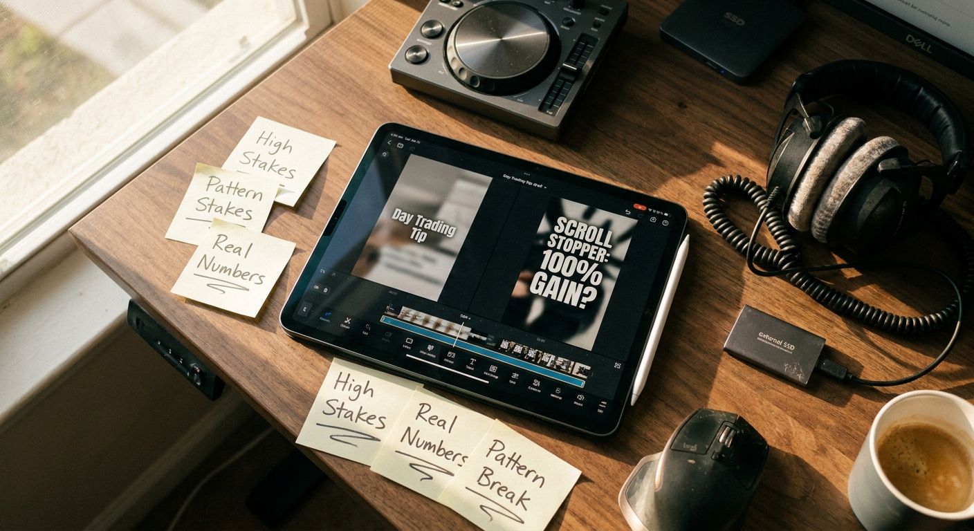 Close-up overhead shot of a creator's desk with a tablet displaying two side-by-