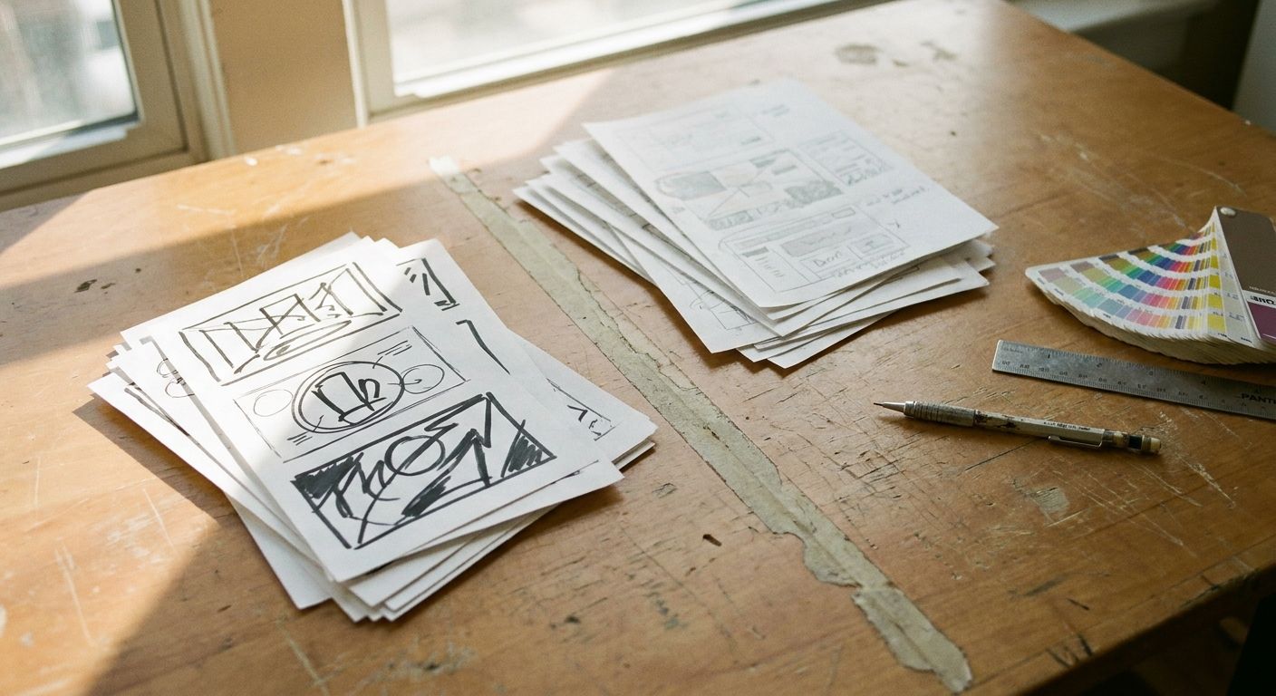 Close overhead shot of a wooden desk surface where two distinct piles of printed