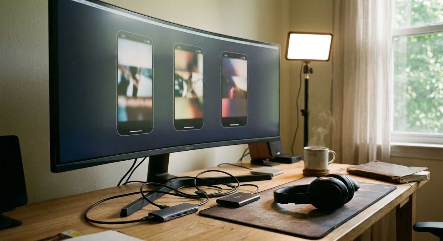 A content creator's editing workstation in a softly lit home studio, three verti