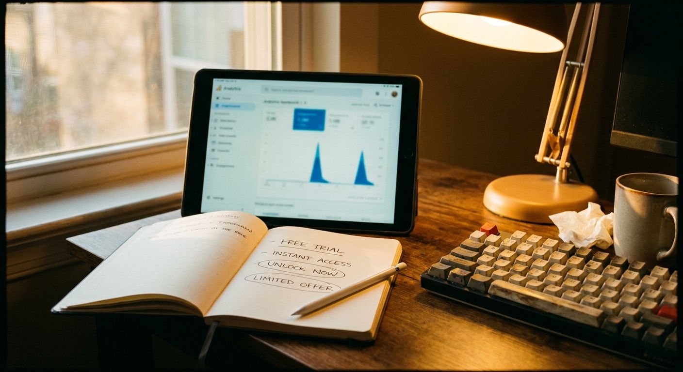 Close-up flat lay of a creator's workspace: a tablet propped showing a blurred a