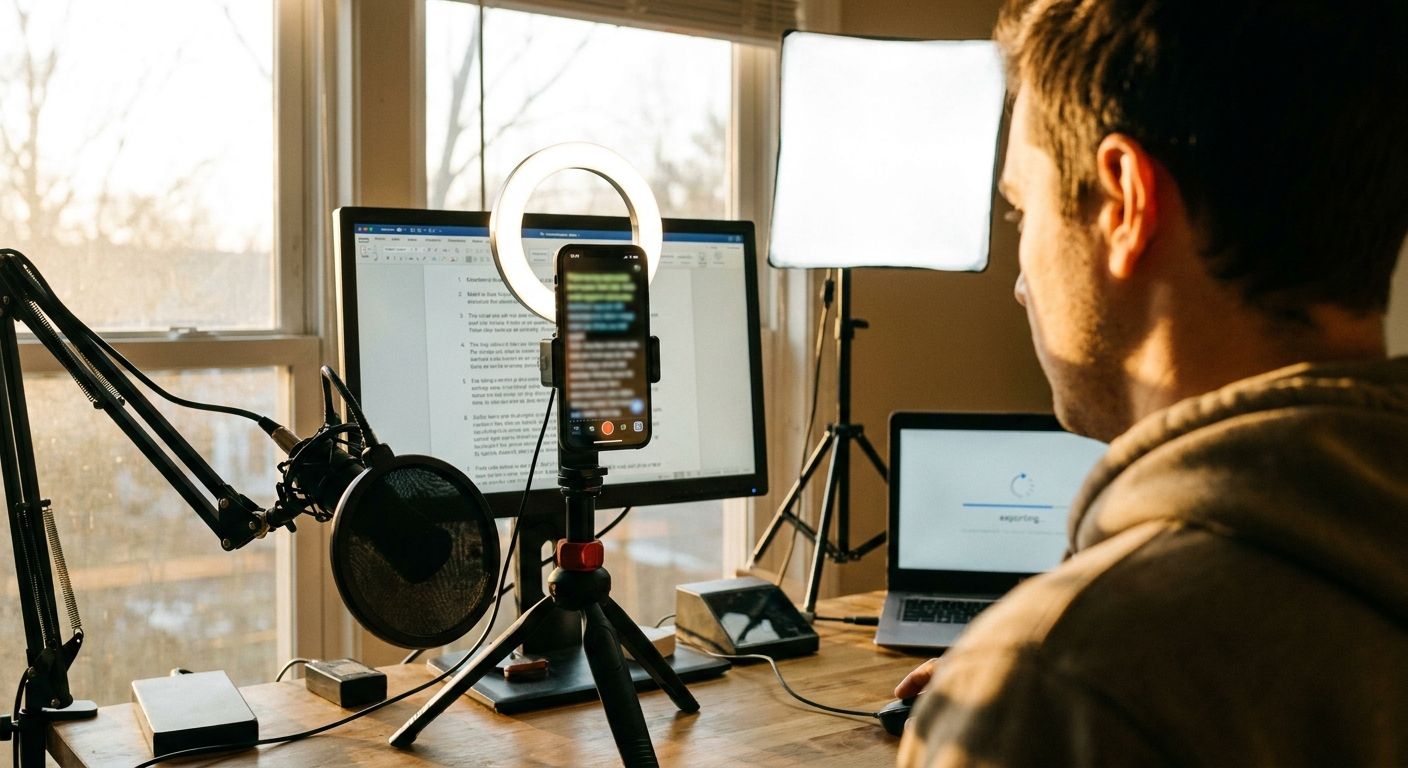 Over-the-shoulder view of a creator filming themselves at a standing desk, a tel