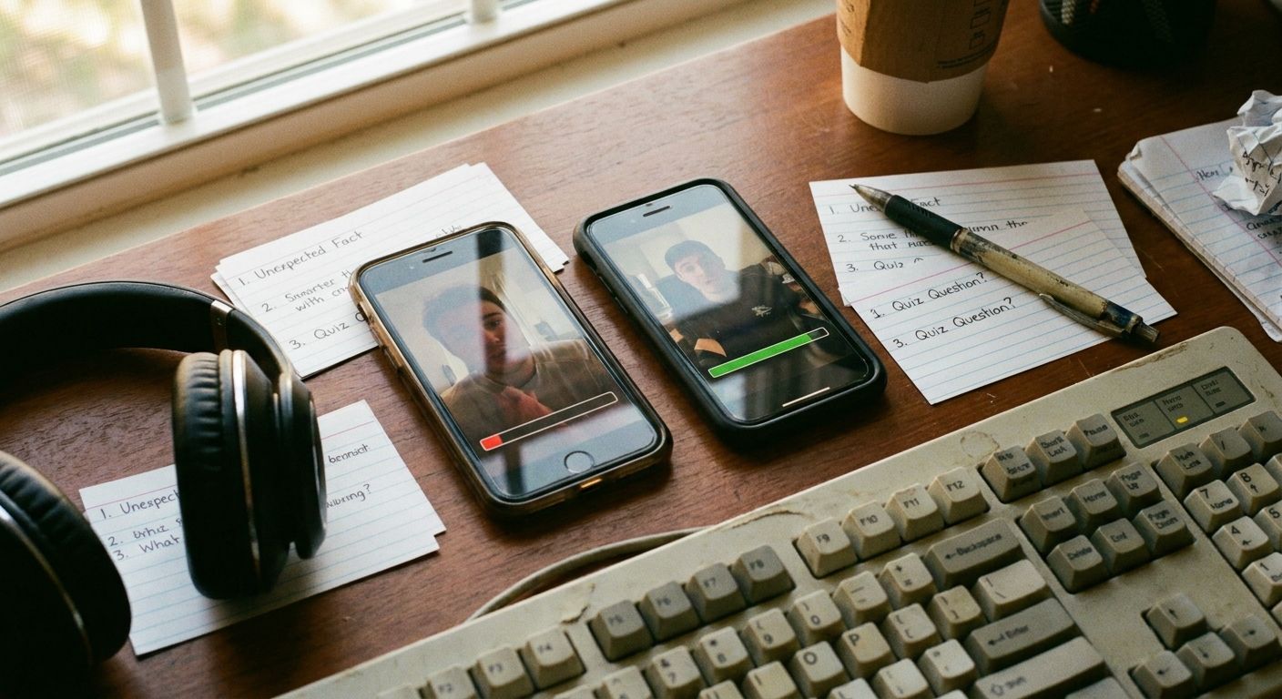 Close overhead shot of a wooden desk surface with two smartphones side by side s