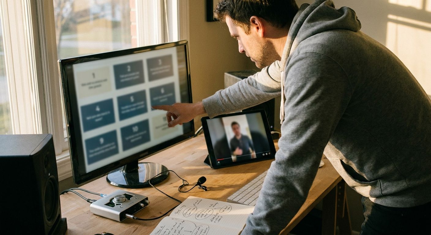 A male creator in a casual hoodie leaning toward a monitor in a dim room lit by 