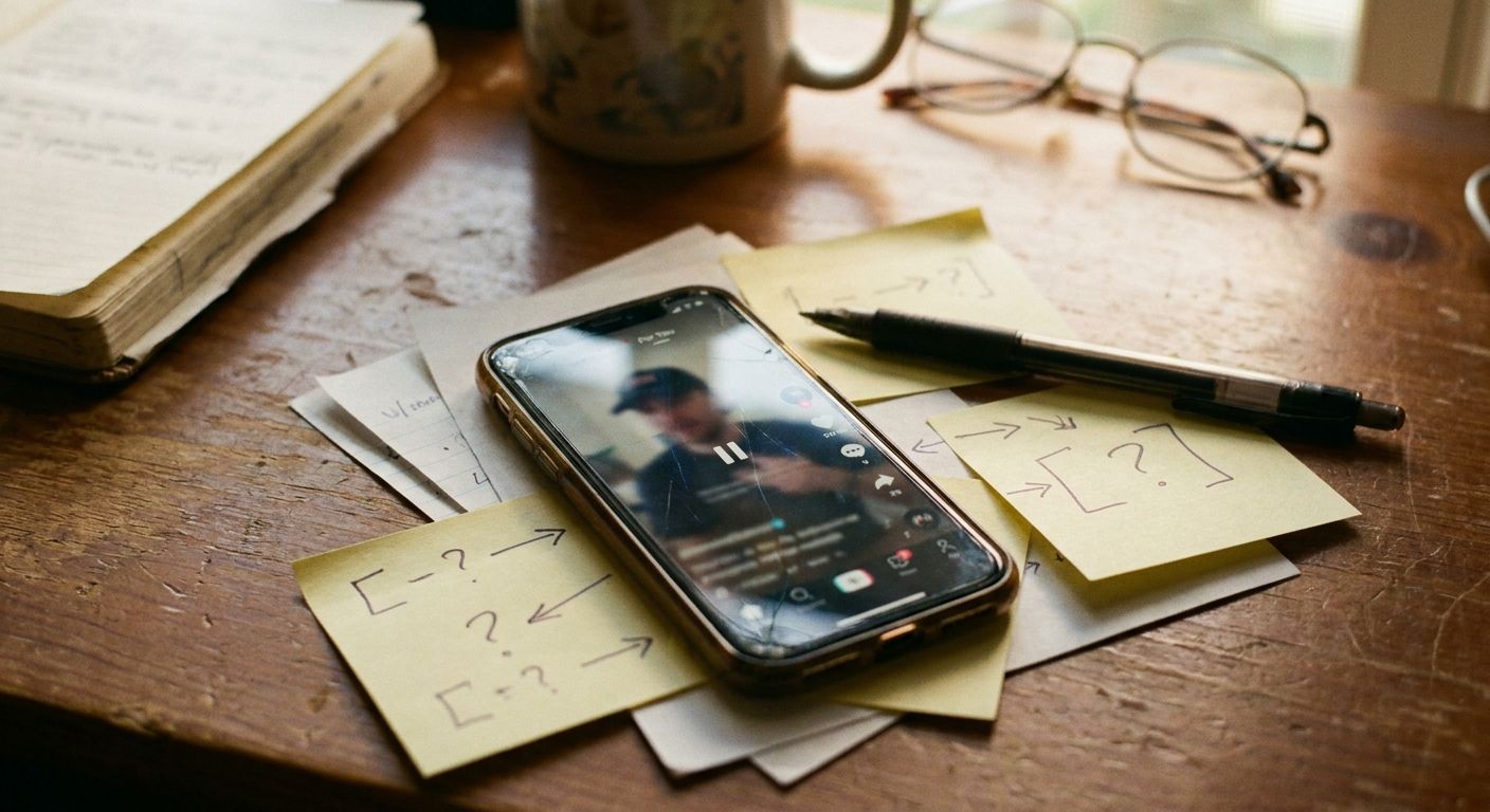 Close-up overhead view of a smartphone resting on a wooden desk surface, its scr