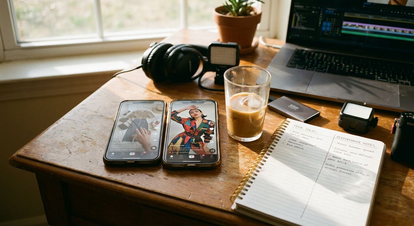 Close overhead shot of a wooden desk with two smartphones side by side showing v