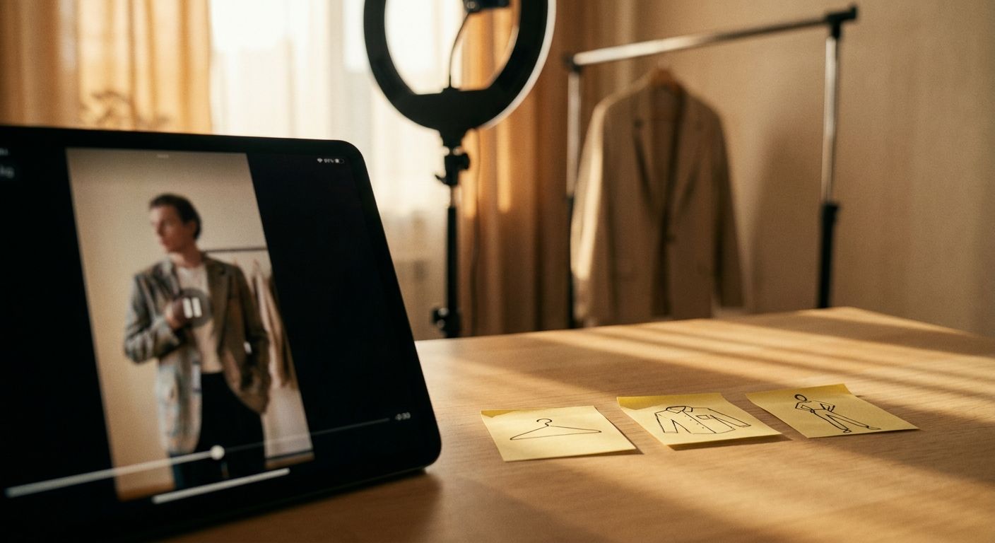 A fashion creator's desk from a slight angle showing a tablet displaying a verti