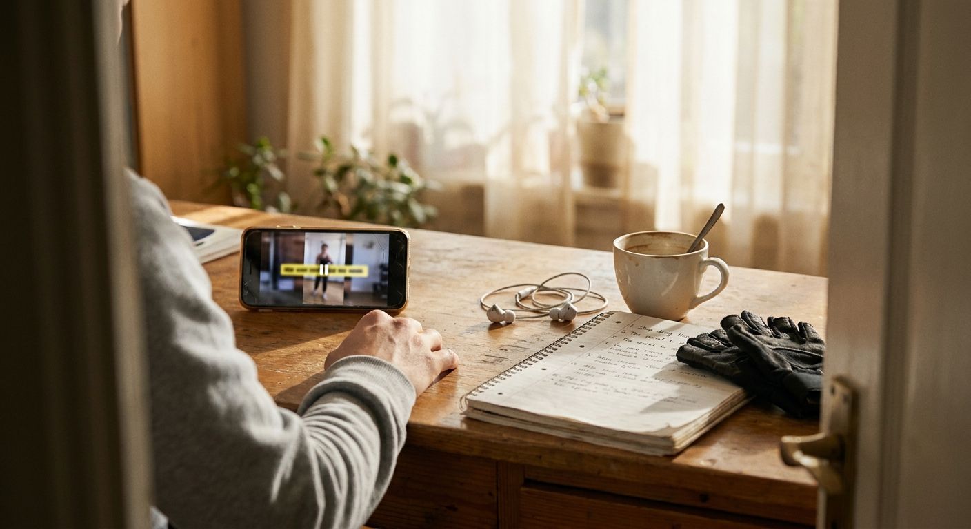 Split close-up scene on a wooden desk: on the left side a phone screen displayin