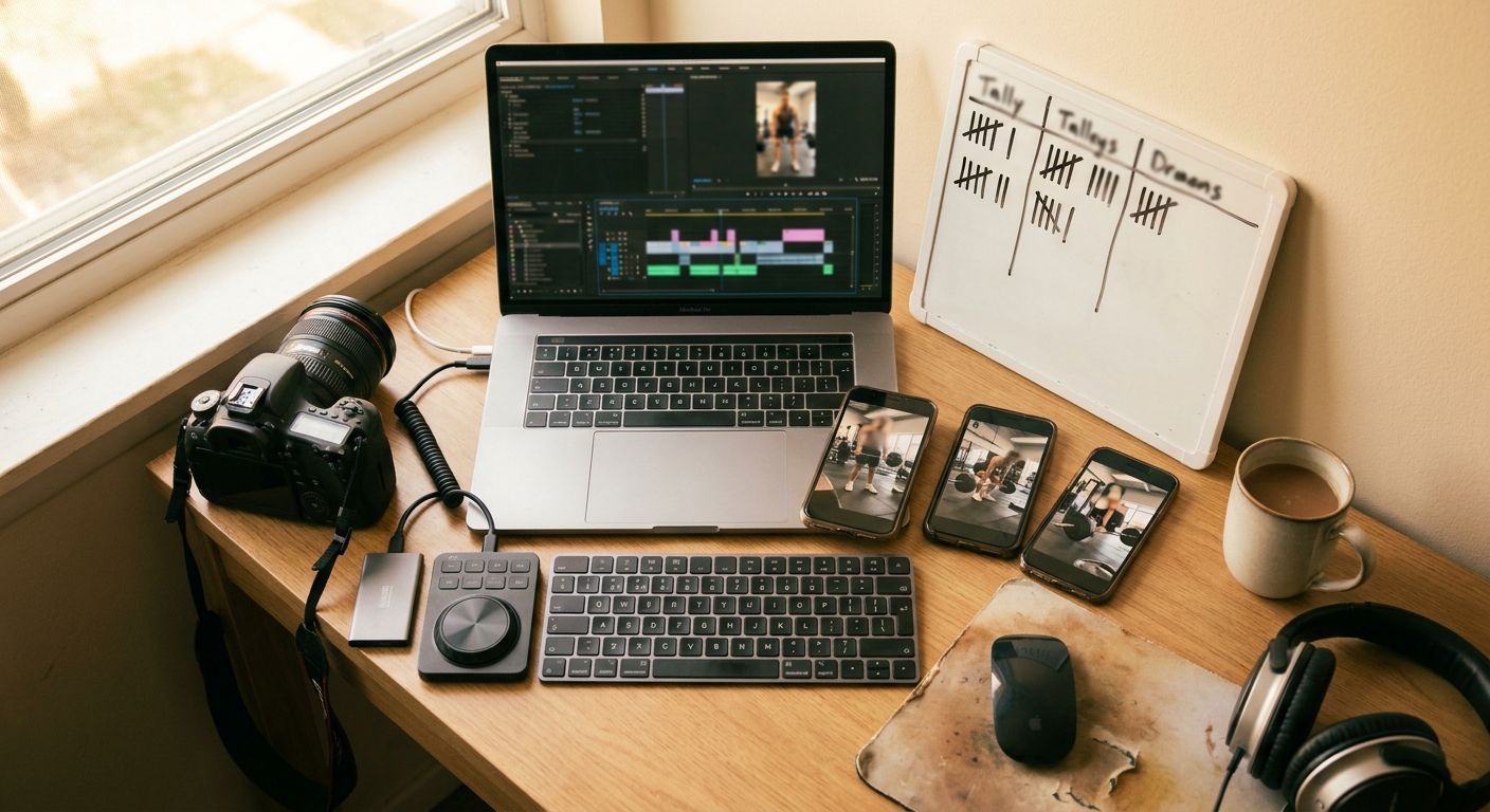 Overhead flat-lay of a compact creator workflow station: a single DSLR camera co