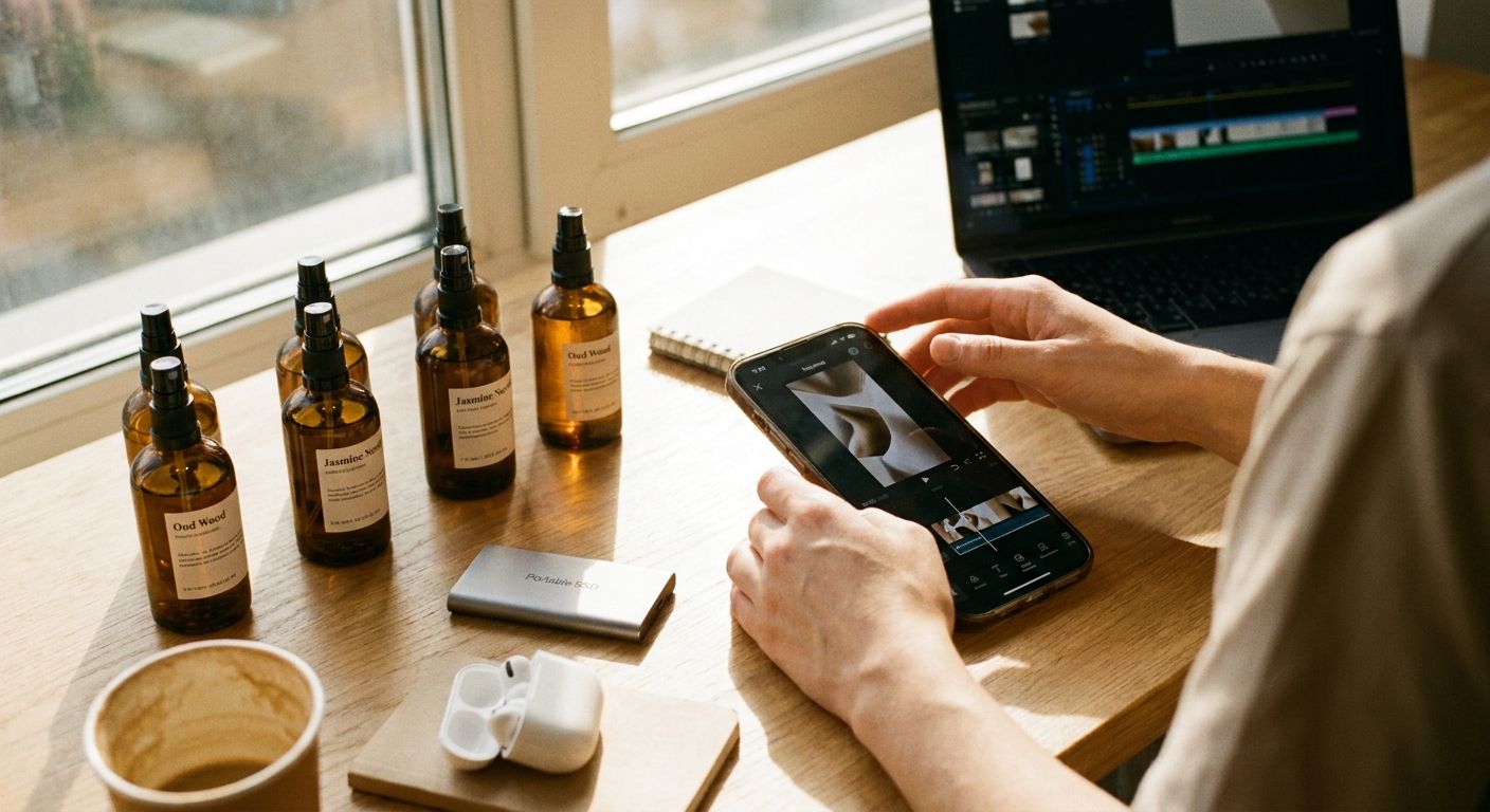 Close overhead shot of a creator's hands hovering over a phone screen showing a 