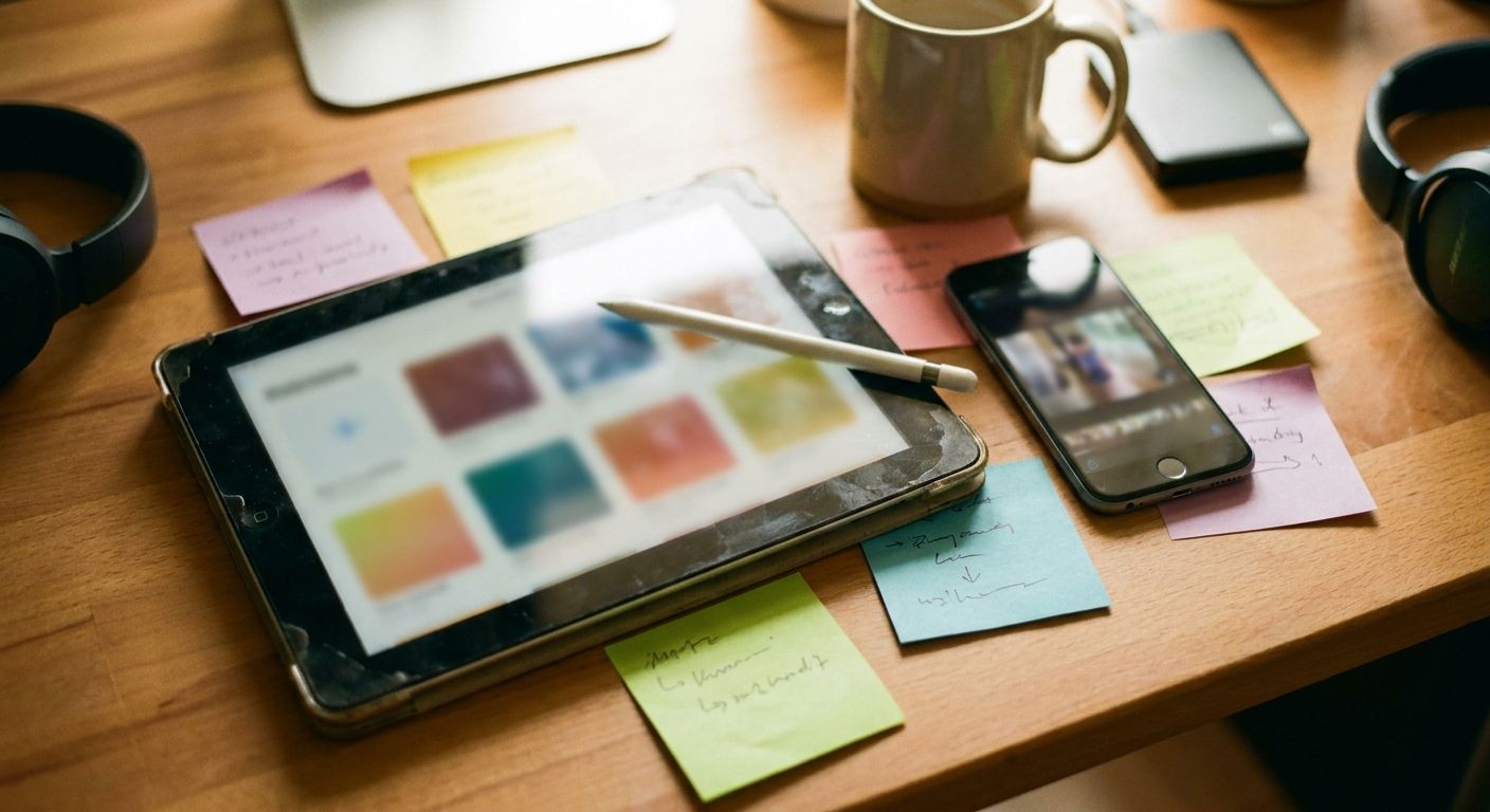 Close overhead view of a tablet flat on a wooden desk showing a blurred grid of 