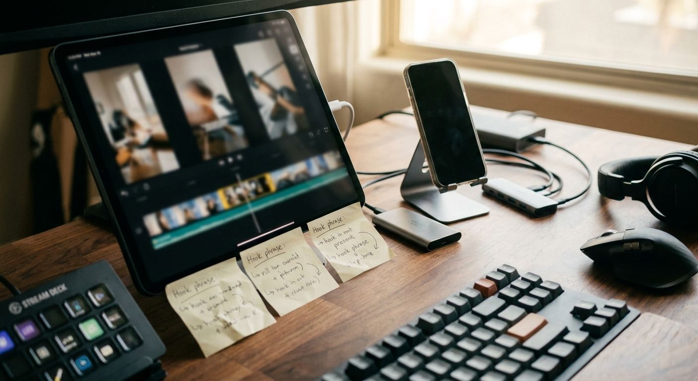 Close-up overhead shot of a creator's workspace with a tablet displaying a blurr