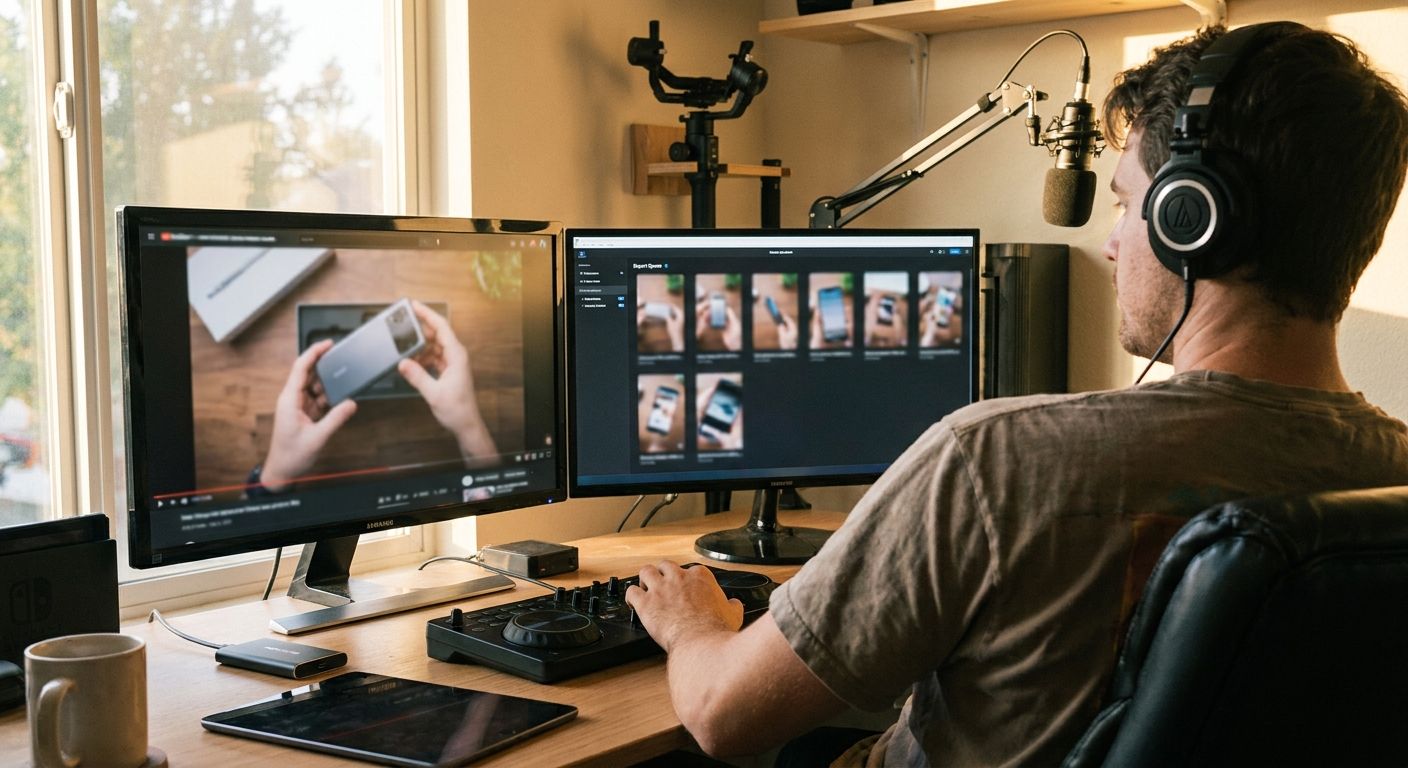 A creator wearing over-ear headphones seated at a dual-monitor setup, one screen