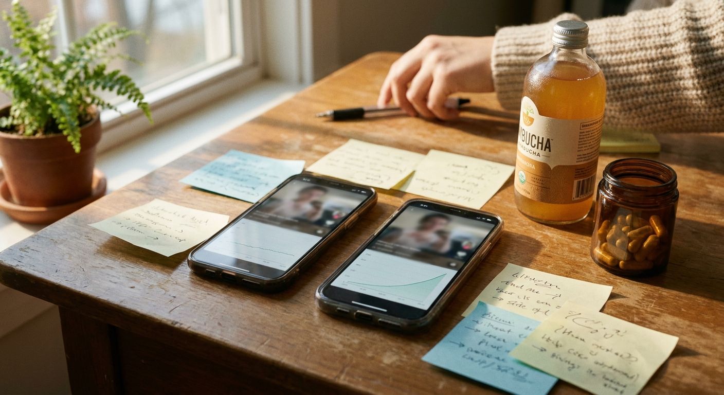 Side-by-side arrangement on a wooden desk surface showing two smartphones face-u