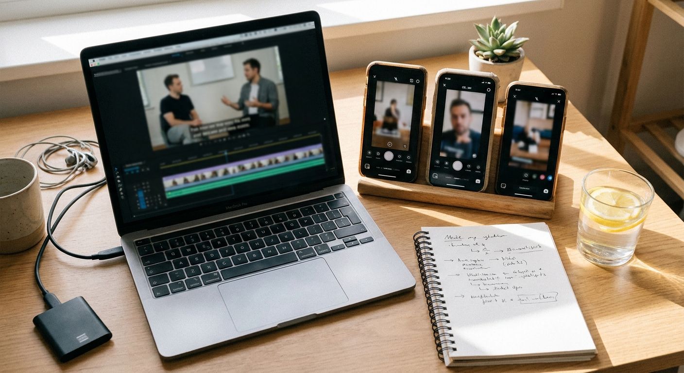 Overhead flat-lay of a creator workspace mid-workflow with a source video file o