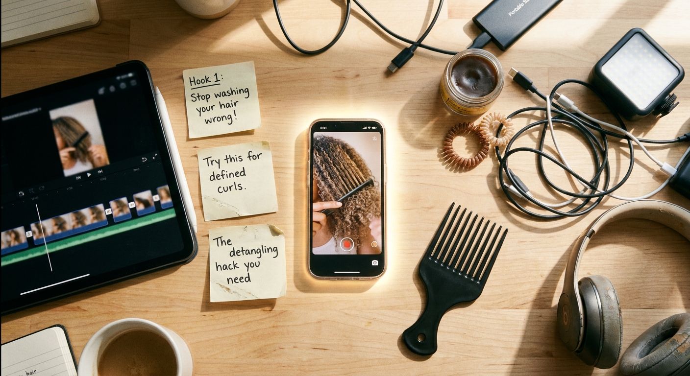 An overhead flat-lay of a creator workspace with a smartphone displaying a pause
