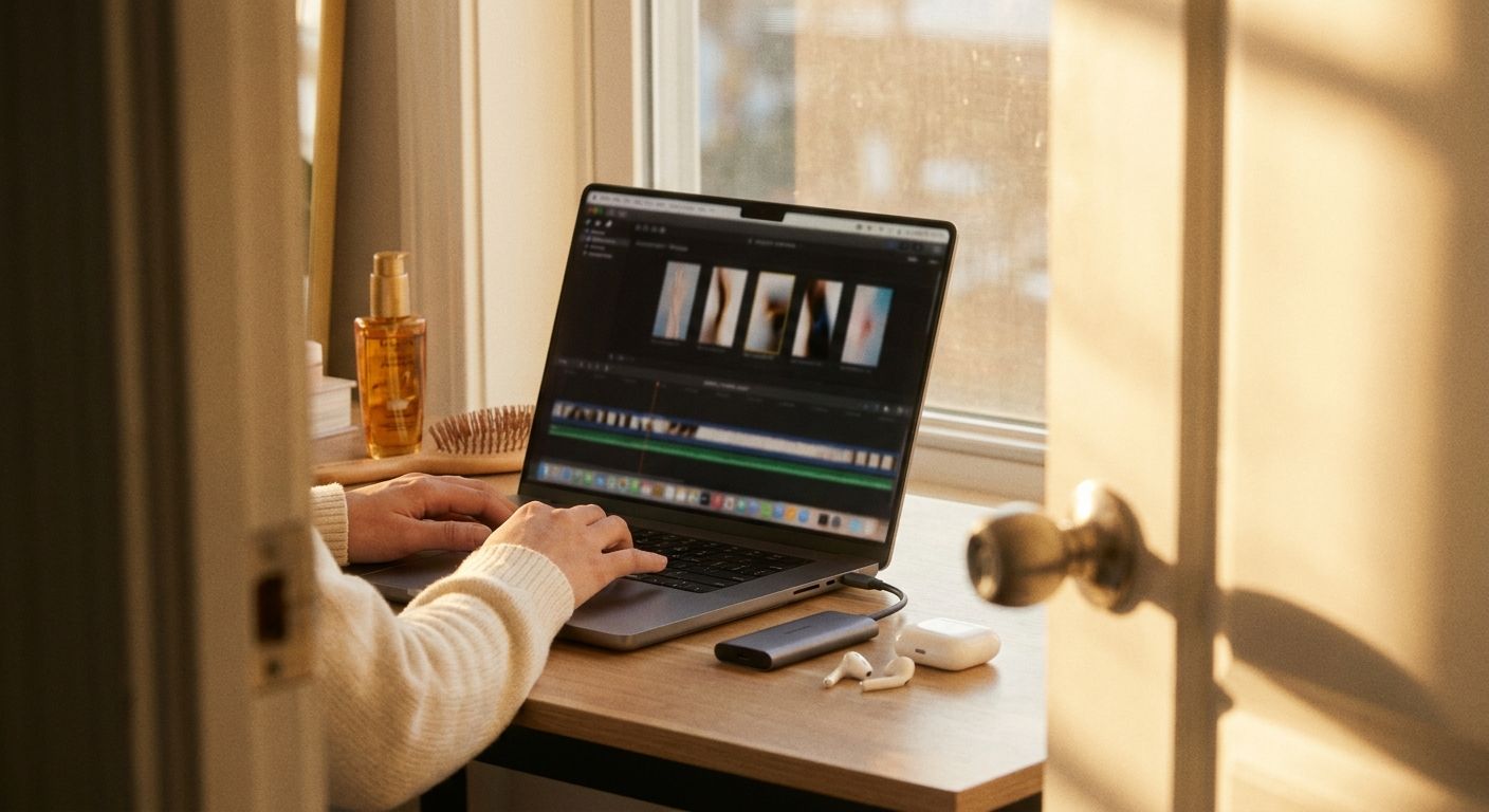 A close-up candid shot of hands operating a laptop with a blurred video editing 