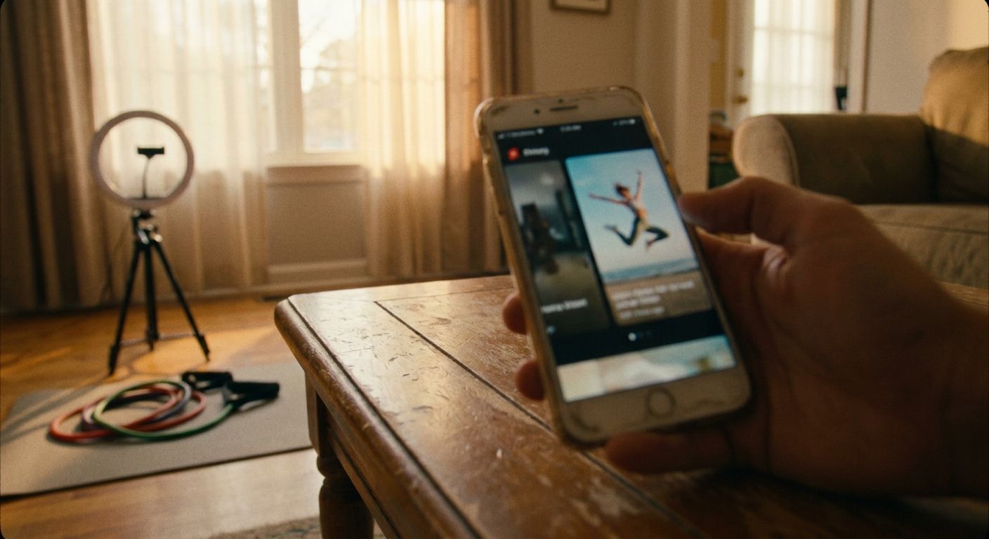 Close-up of a phone screen held in a creator's hand showing two side-by-side ver