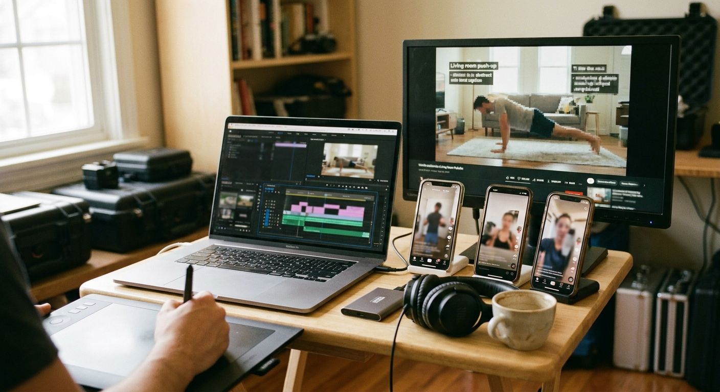 A creator at a small desk with a laptop displaying a blurred multi-track editing