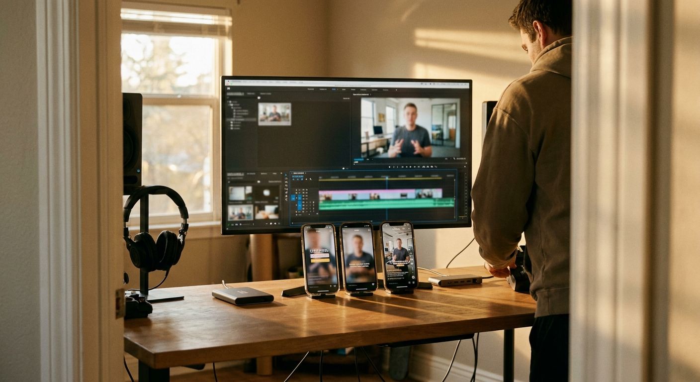 A creator's editing station captured from a slight angle: a large monitor shows 