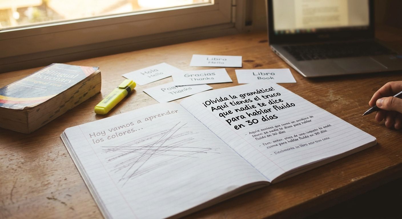 Close-up overhead view of two side-by-side open notebooks on a wooden desk, one 
