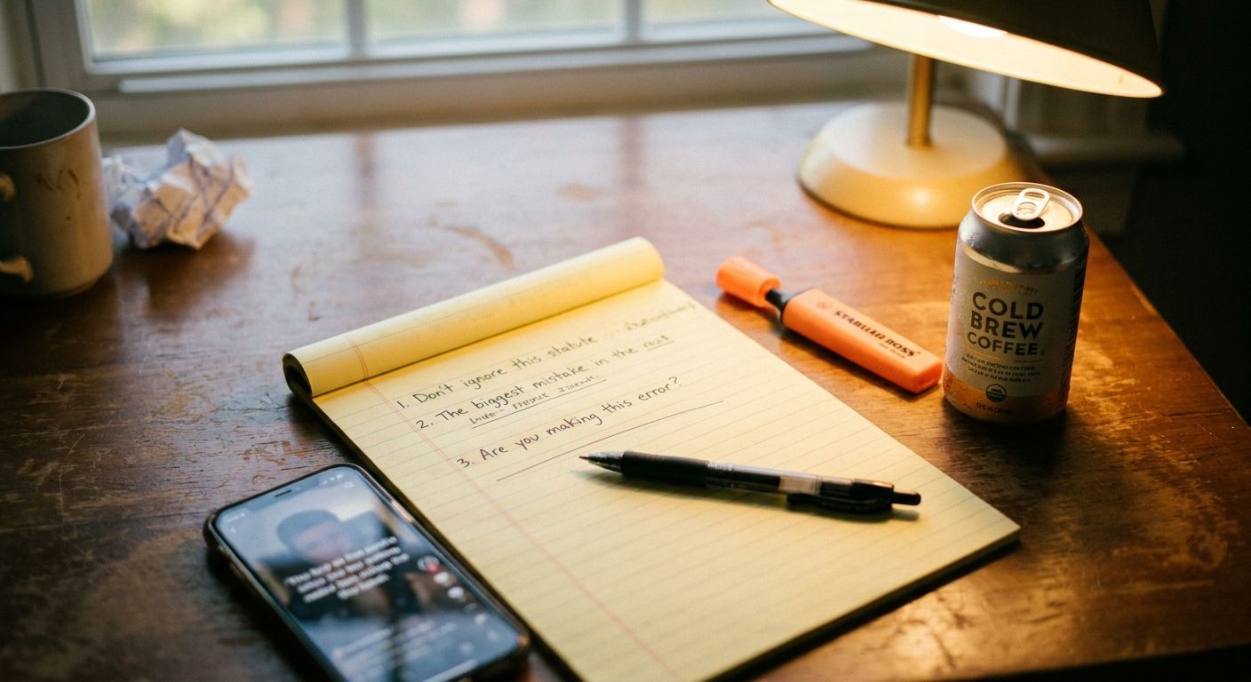 Close-up overhead view of a wooden desk surface with a legal pad filled with han