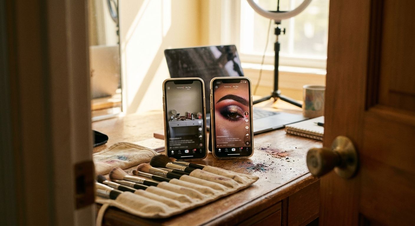 Close-up of two side-by-side vertical phone screens propped on a makeup brush ro