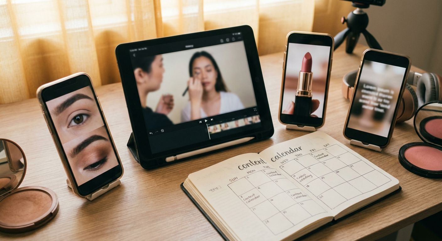 A compact creator workspace flat lay showing a single hero makeup look video cli
