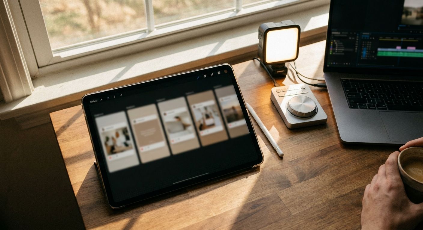 Close overhead shot of a creator's workspace with a tablet showing five blurred 