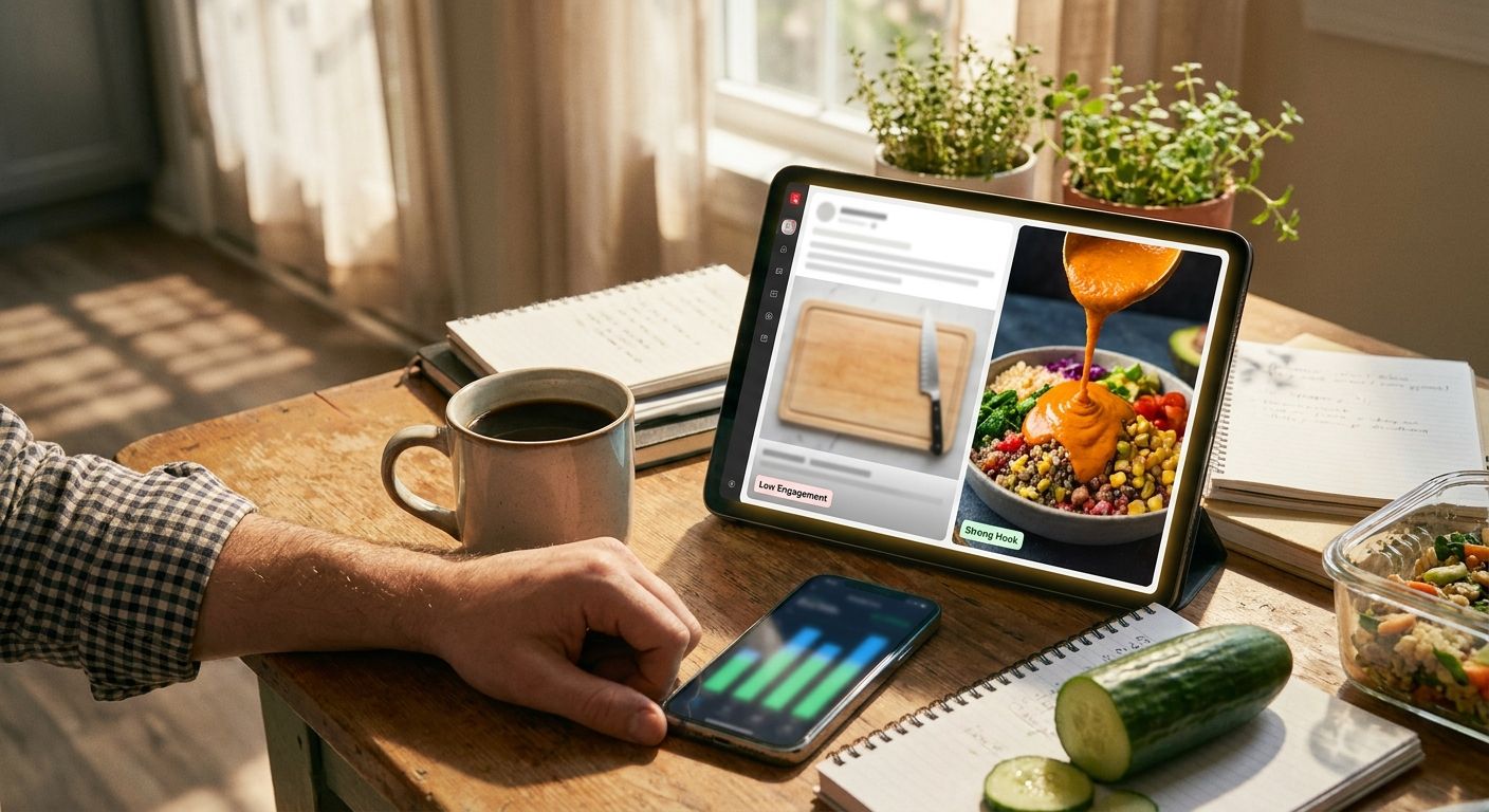 Close-up split view on a tablet screen showing two vertical video thumbnails sid