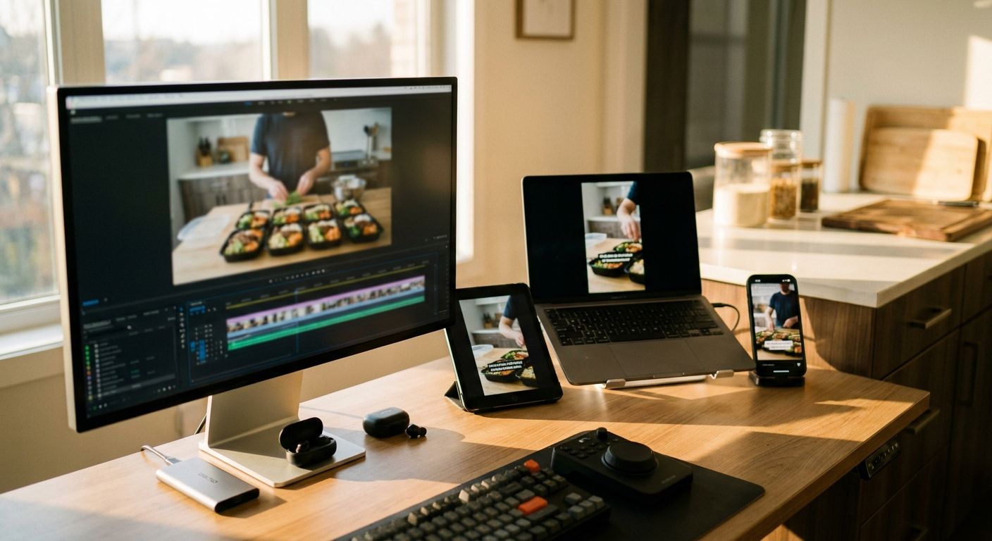 A creator's desk beside a kitchen island showing one source video clip on a moni