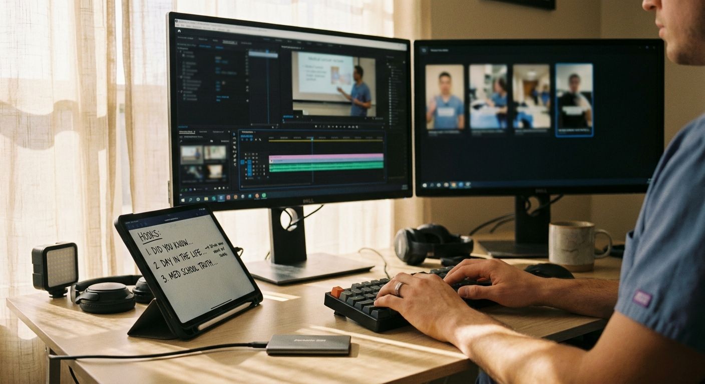 A medical student creator at a desk with two monitors side by side, one showing 