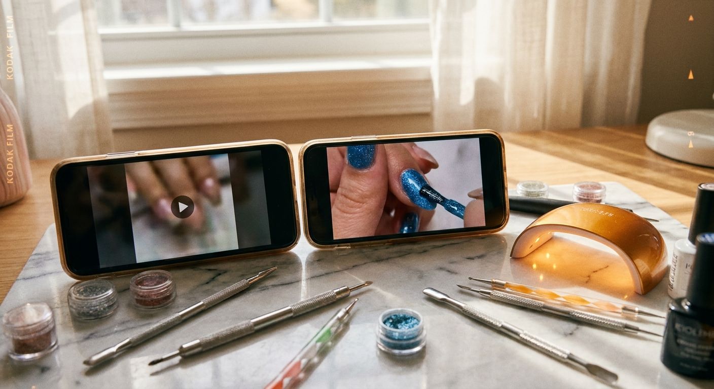Side-by-side flat lay showing two smartphone screens propped on a marble surface