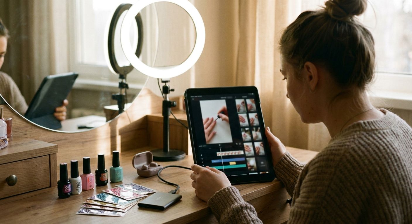 A nail content creator sitting at a well-lit vanity desk editing on a tablet, a 