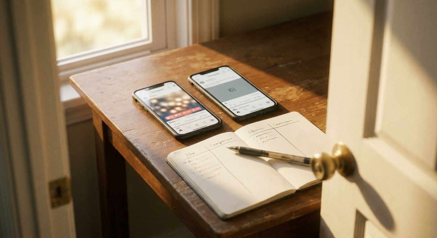 Close overhead shot of a wooden desk surface with two smartphones side by side, 