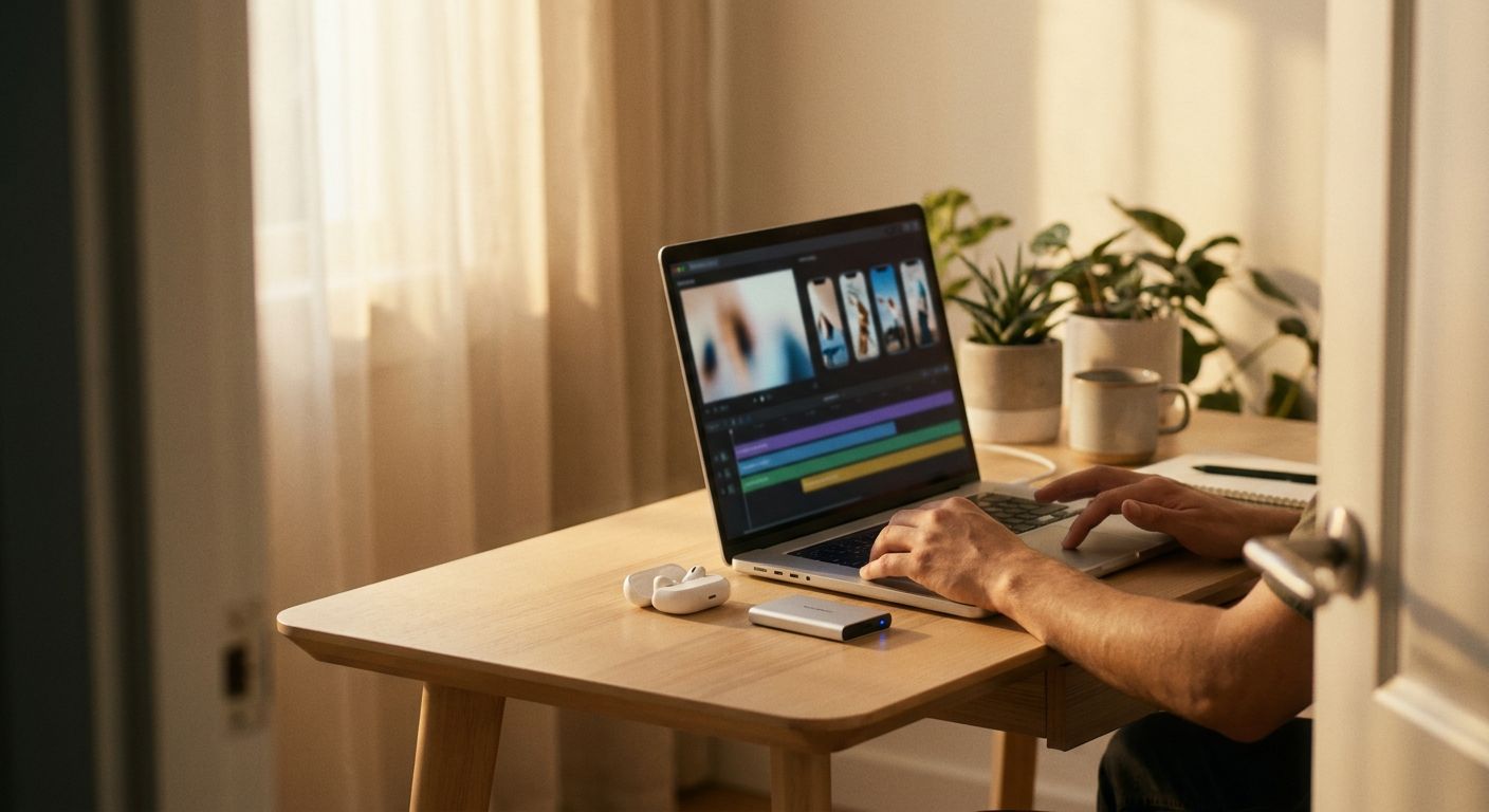 A creator's hands hovering over a laptop trackpad with a single source video fil