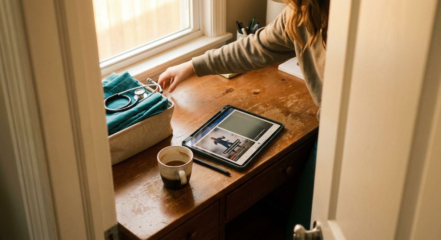 Close overhead view of a nurse creator's workspace showing a tablet displaying t