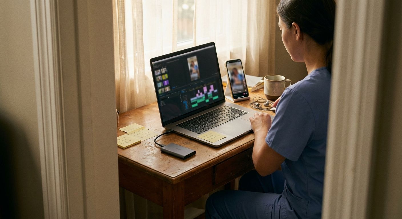 A nurse in scrubs at a small home desk with a laptop open showing a blurred vert