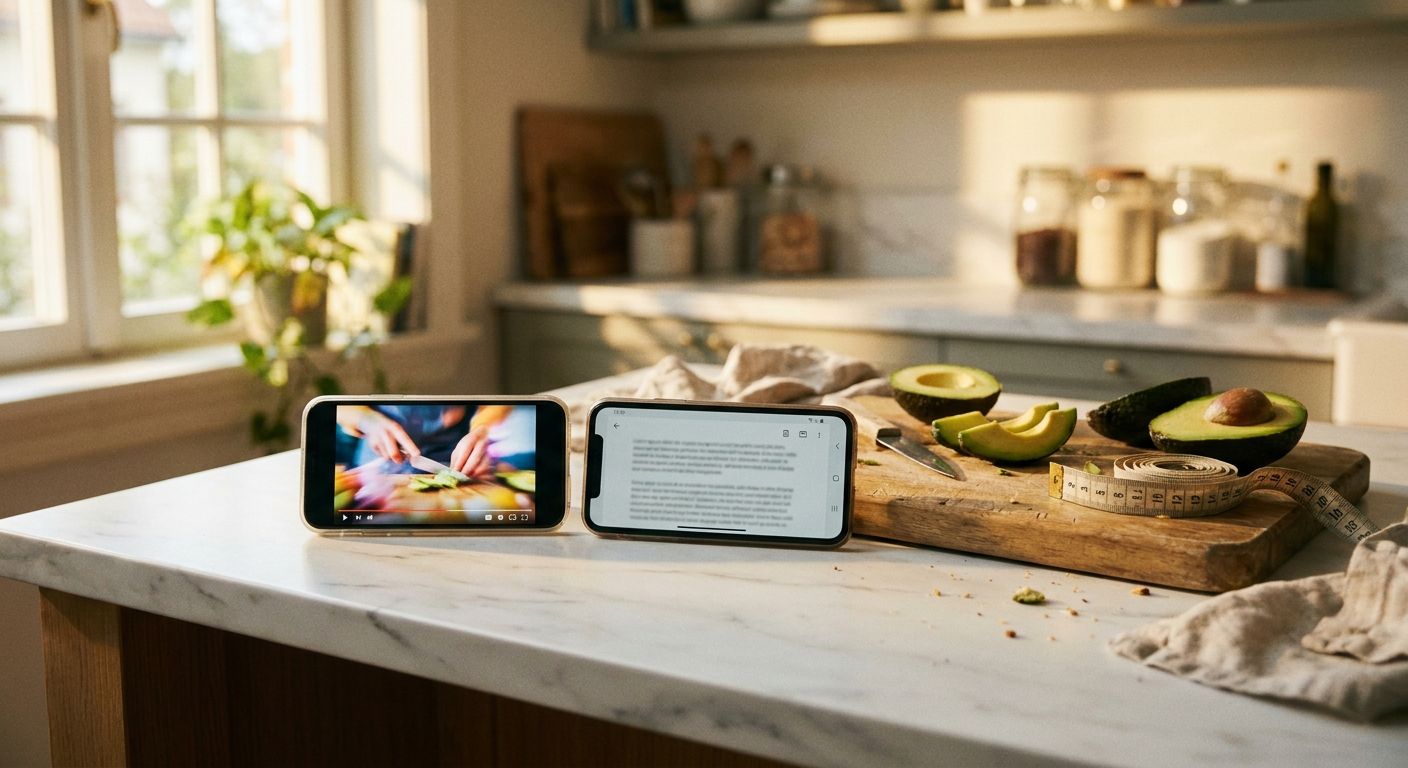 Two side-by-side phone screens lying flat on a white marble kitchen countertop n