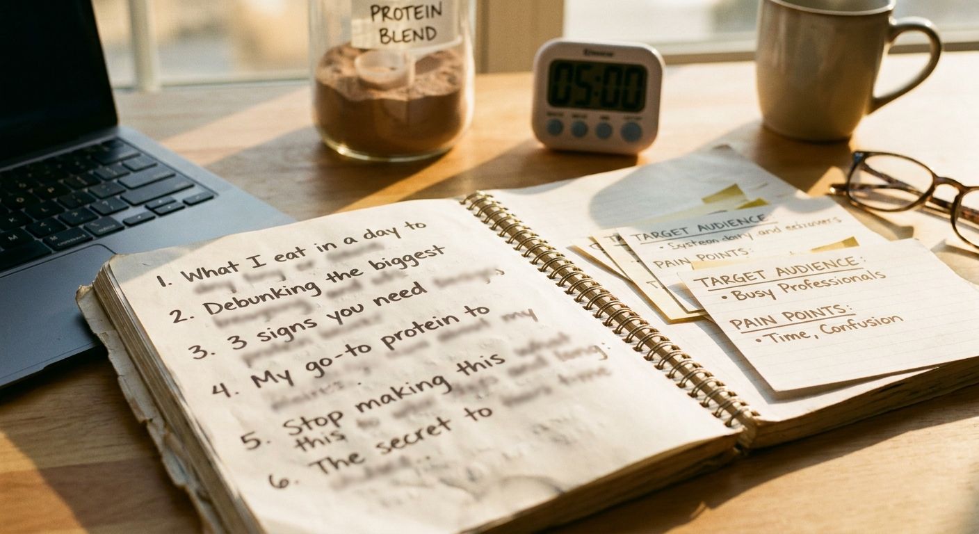 Close overhead shot of a nutrition creator's notebook open to a page filled with
